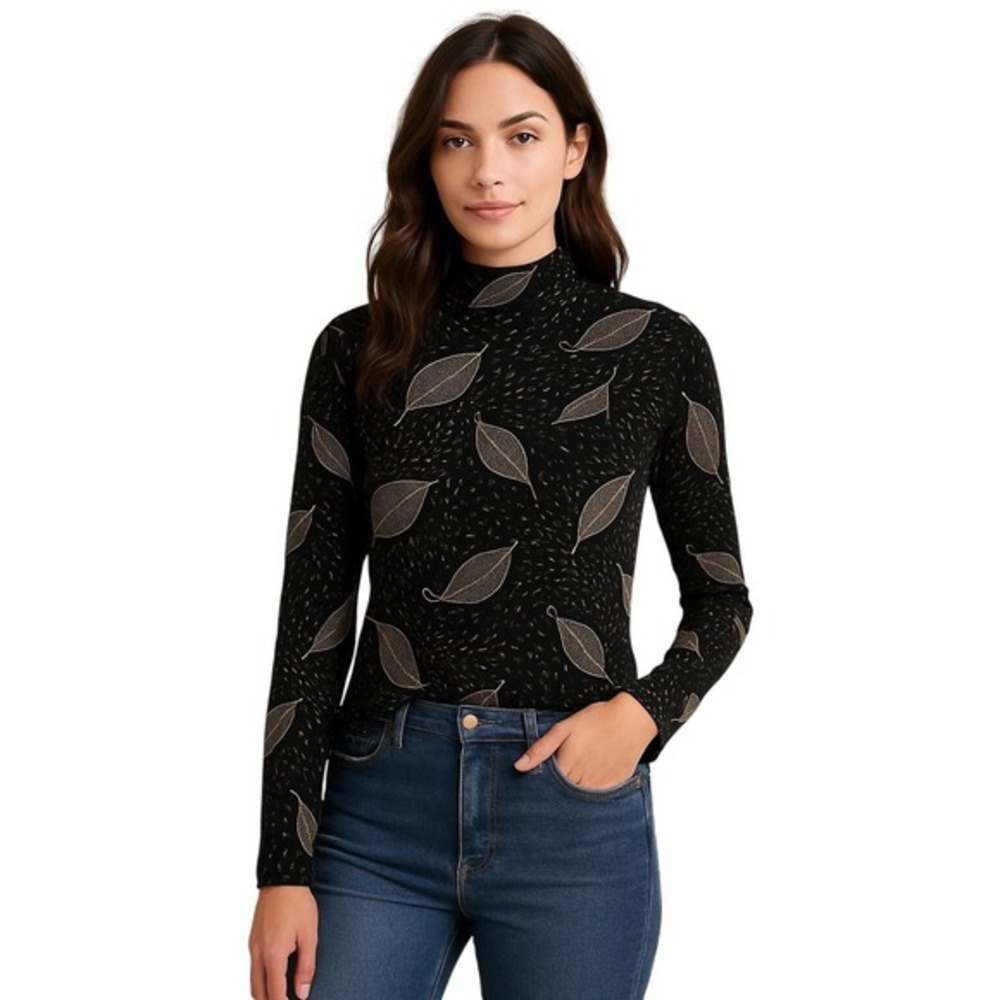 Frazier Lawrence Leaf Print Mock Neck‎ Top Black Beige Vintage Abstract USA Sz L